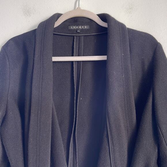 Theory waterfall open front faux leather tie cardigan blazer sz L - Picture 2 of 7